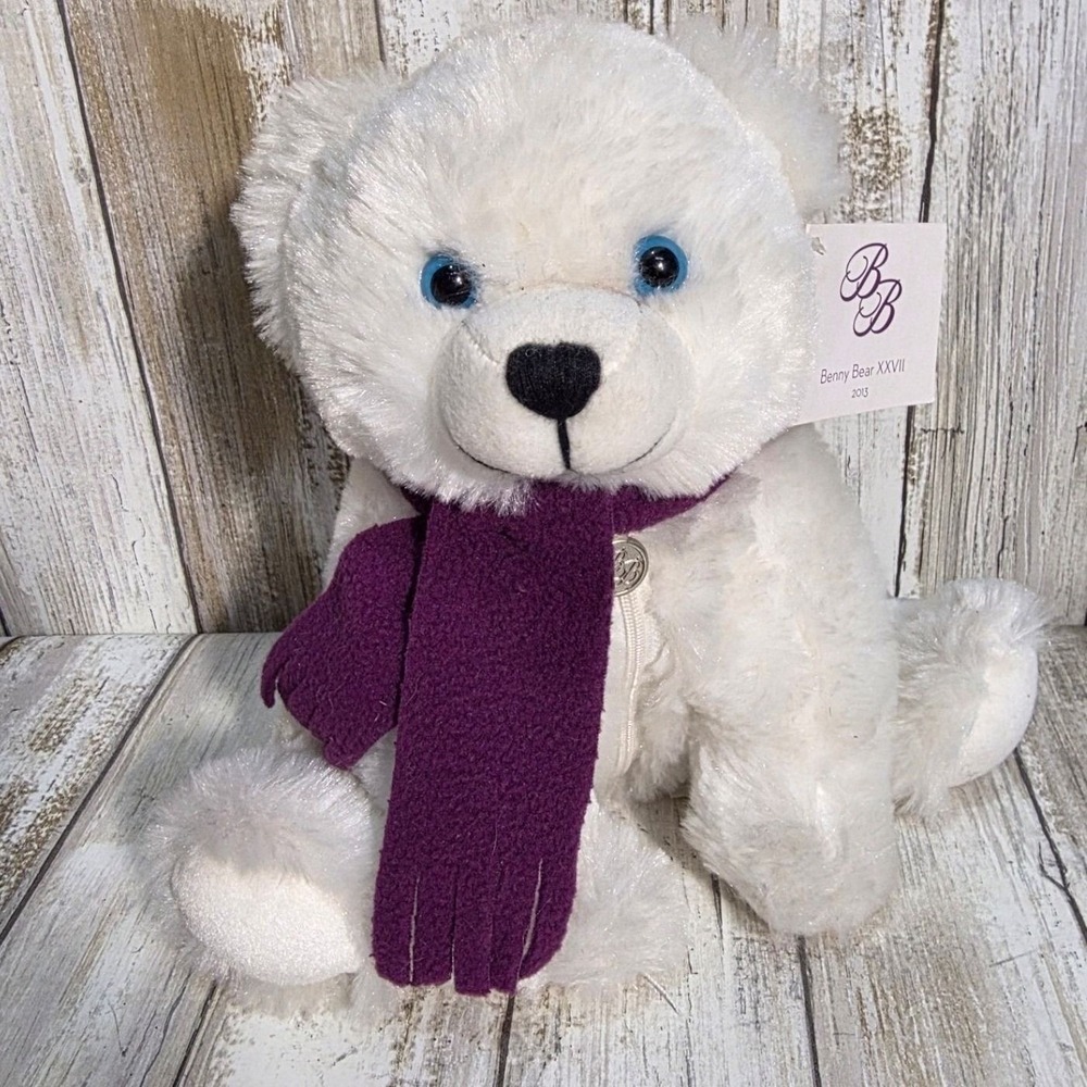 Ben Bridge Benny Bear XXVII 2013 White Plush Teddy Bear Purple Scarf Blue Eyes